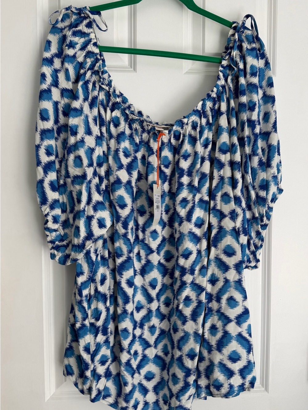 Knox Rose Blue White Geometric Puff Sleeve Peasant Blouse Boho Plus Size 4X NWT